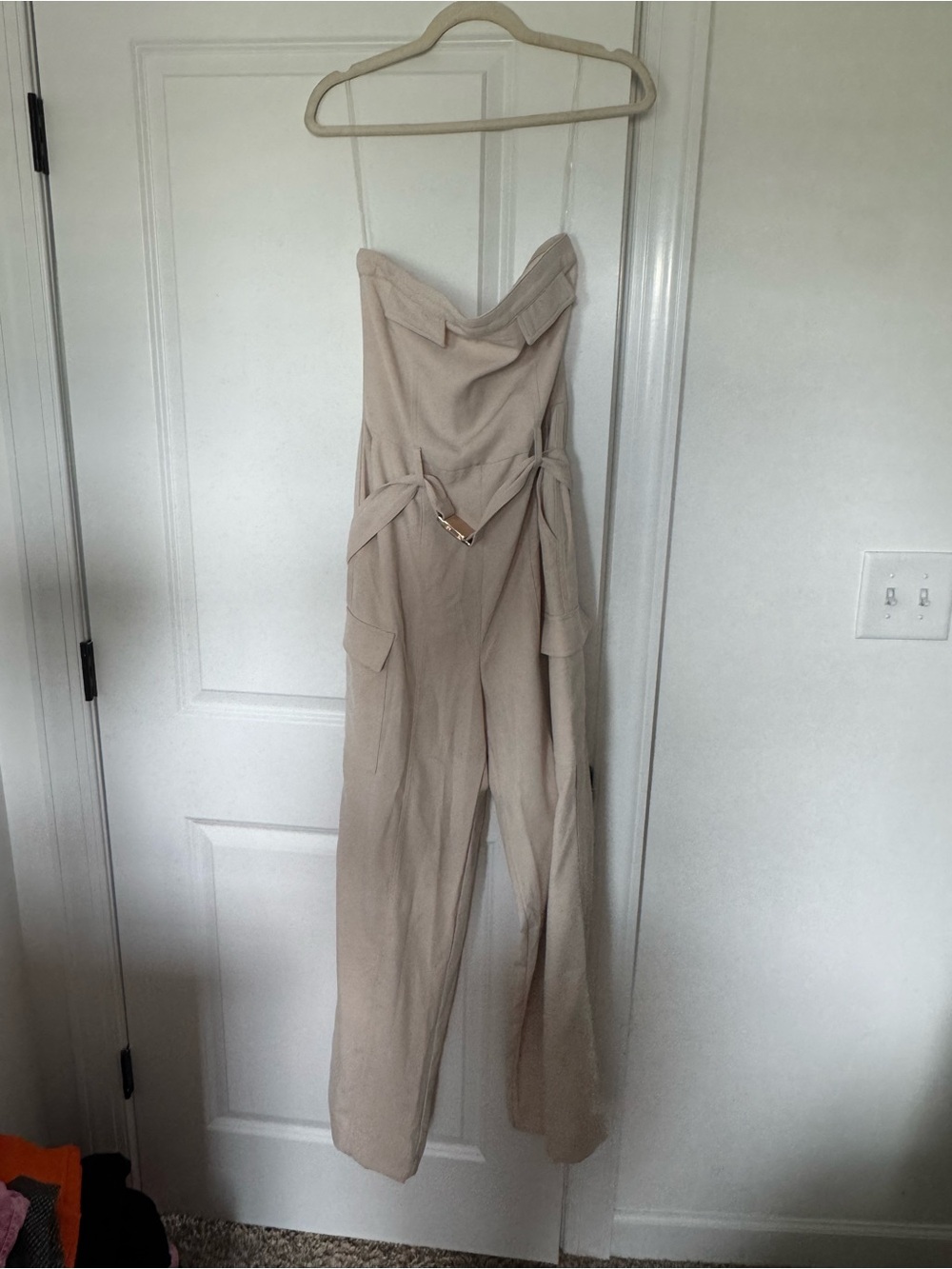 Utility Strapless Beige Wide-Leg Jumpsuit with Belt